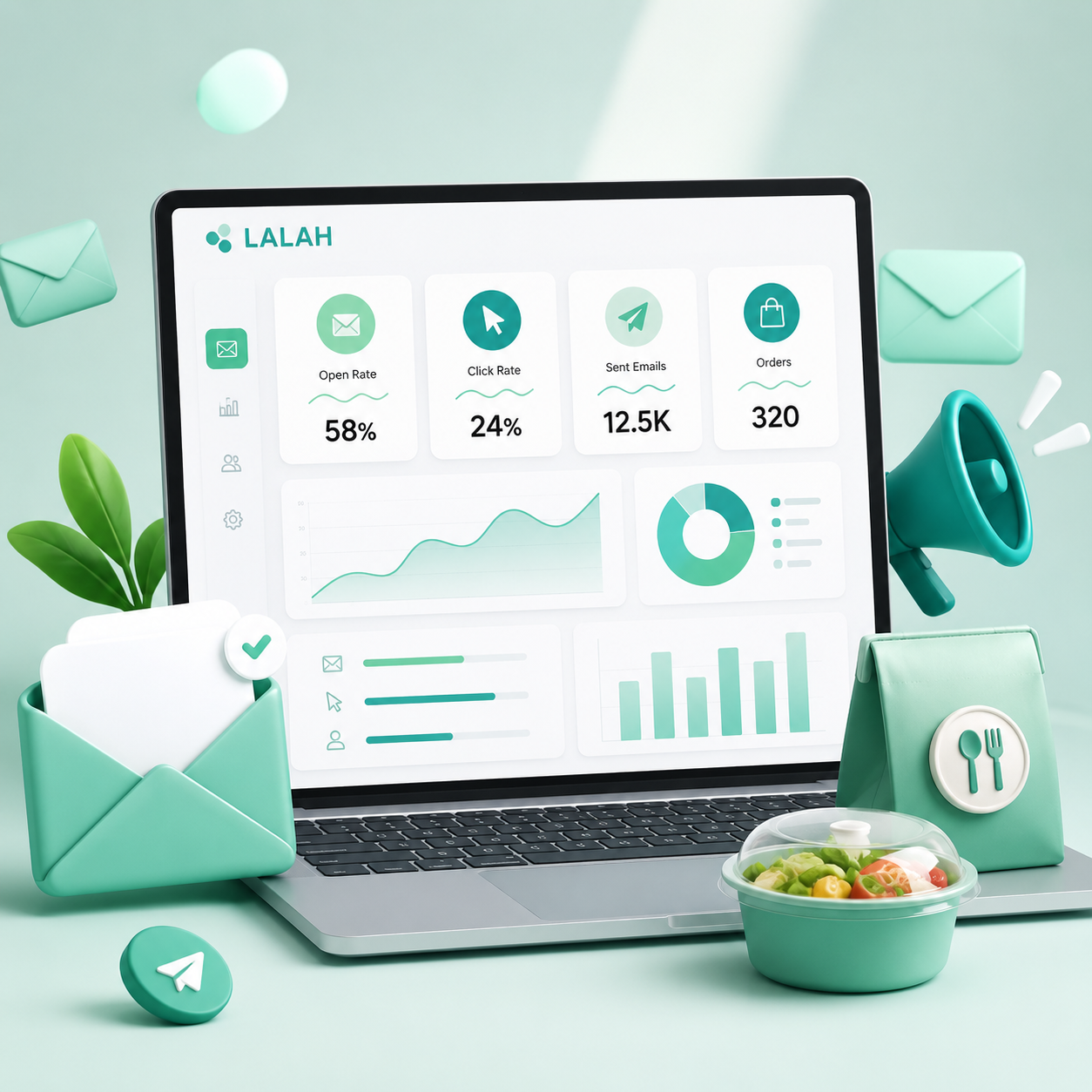 LALAH e-mail marketing mockup med kampagner, statistik og restaurantmad