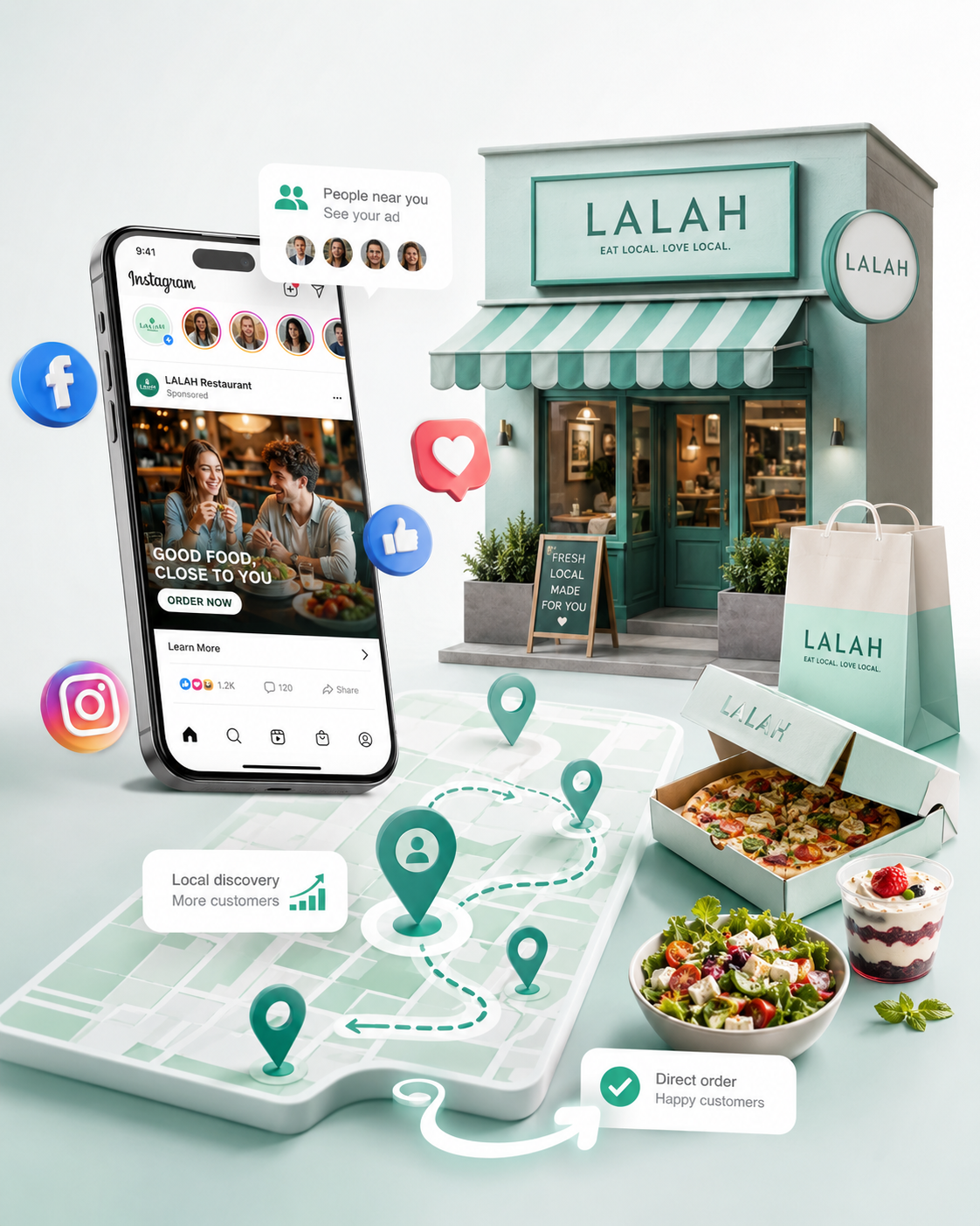 LALAH marketing mockup med sociale annoncer, lokal restaurant og direkte bestilling