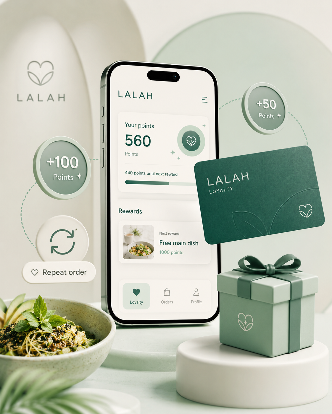 LALAH loyalitetsprogram mockup med point, belønninger og rabat