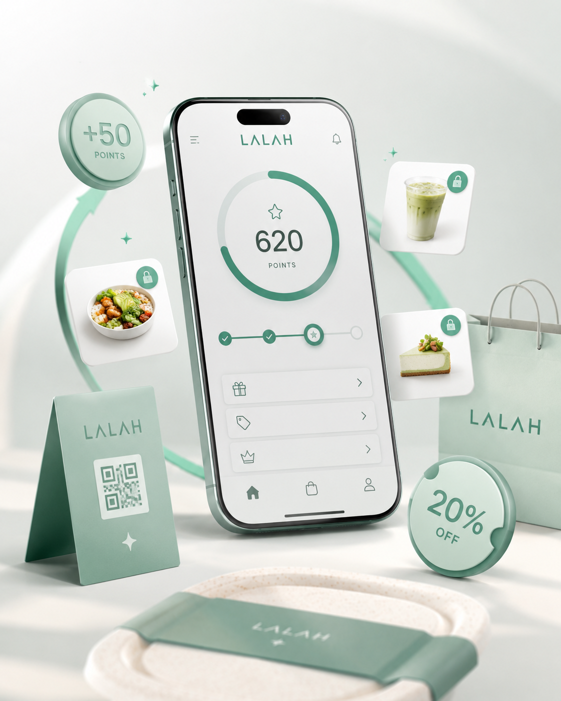 LALAH loyalitetsprogram mockup med point, belønninger og rabat