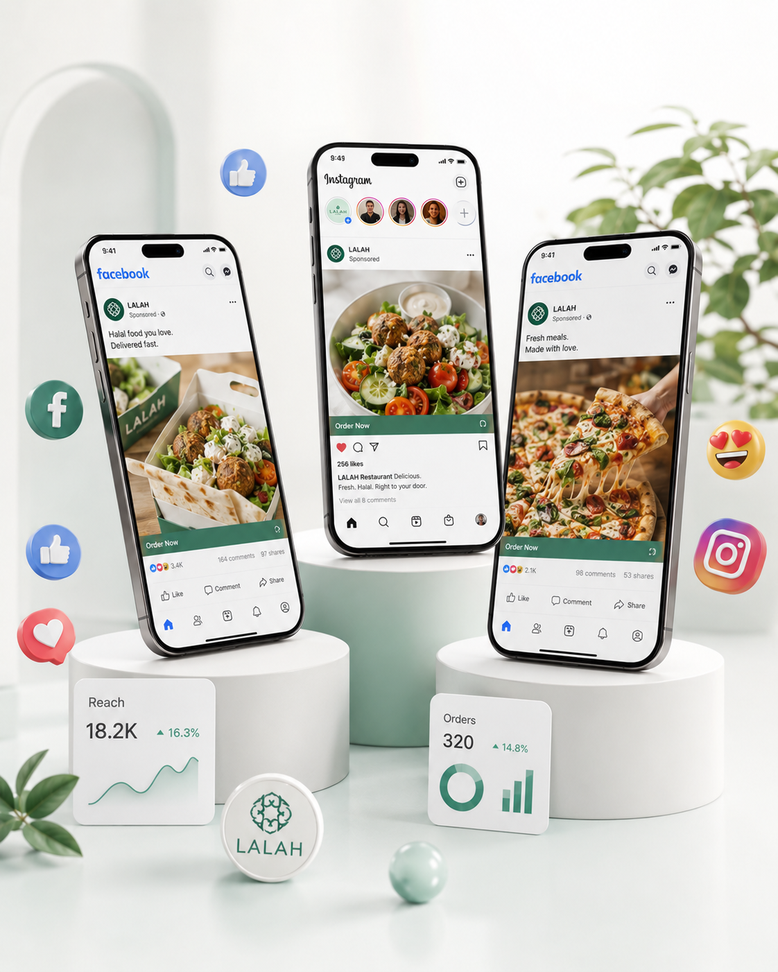LALAH mockup med Facebook og Instagram annoncer for restaurantmad